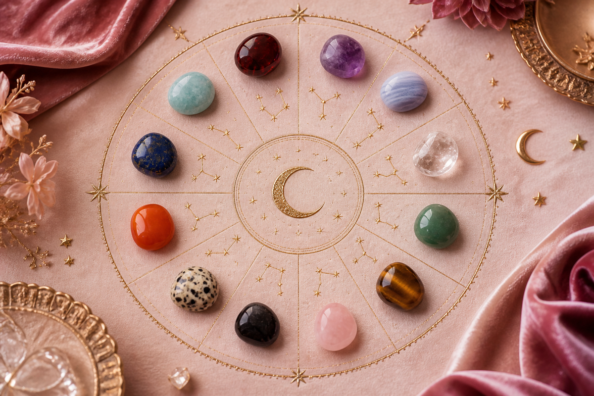 Douze pierres naturelles disposées en cercle zodiacal dans l’univers rose et bordeaux AZ beautyK