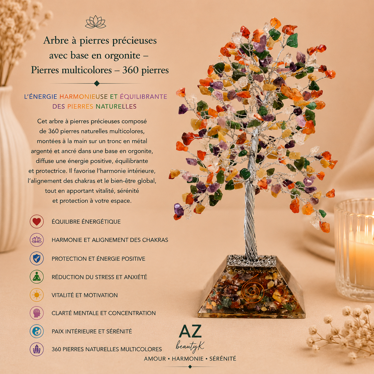 Arbre à pierres précieuses avec base en orgonite - Multi-pierres - 3 tailles
