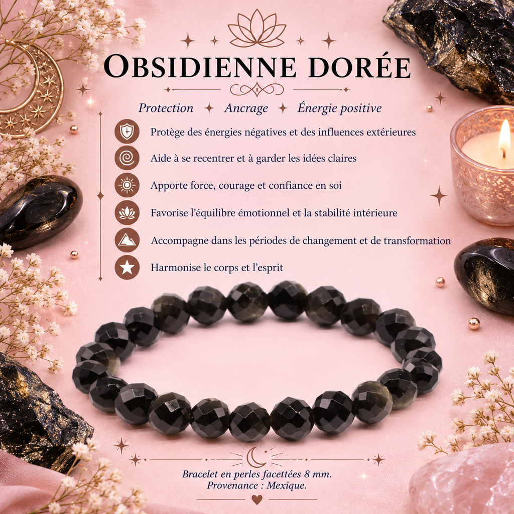 Bracelet Obsidienne dorée – Perles facettées - 8 mm