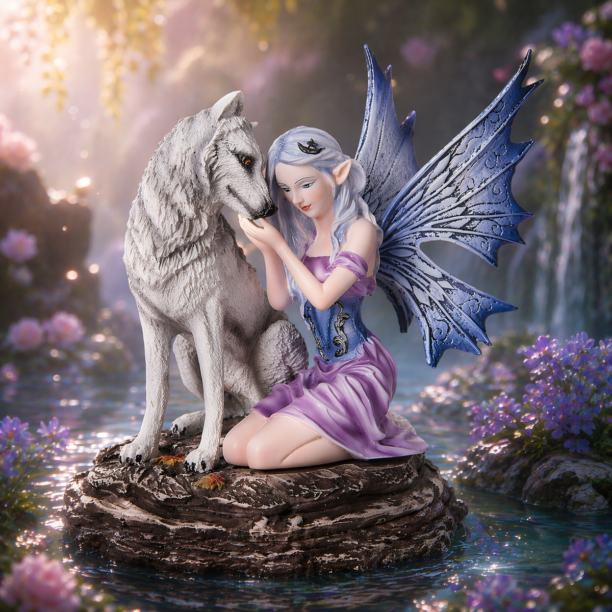 Confidence du loup blanc - Fée totem de protection et de douceur (16,5 x 12,7 x 17 cm)