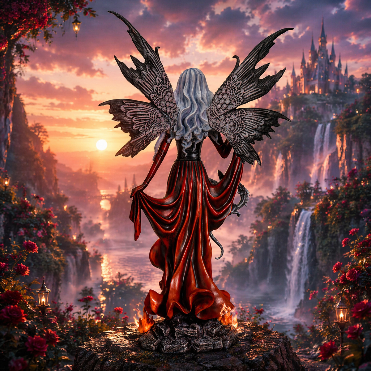 Fée de feu & Dragon noir - Gardienne des Flammes sacrées (34,3x21,6x62,2 cm)