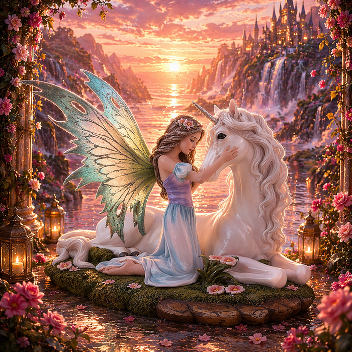 La fée avec licorne - Pureté Éternelle - Fée de l'amour & de la magie du cœur (21 x 17 x 13 cm)