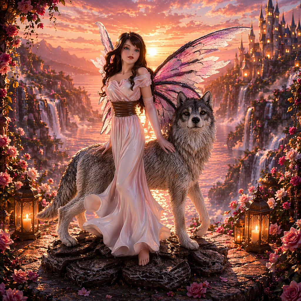 La fée avec loup - Âme Sauvage - Fée de liberté & d'instinct (18 x 14 x 27 cm)