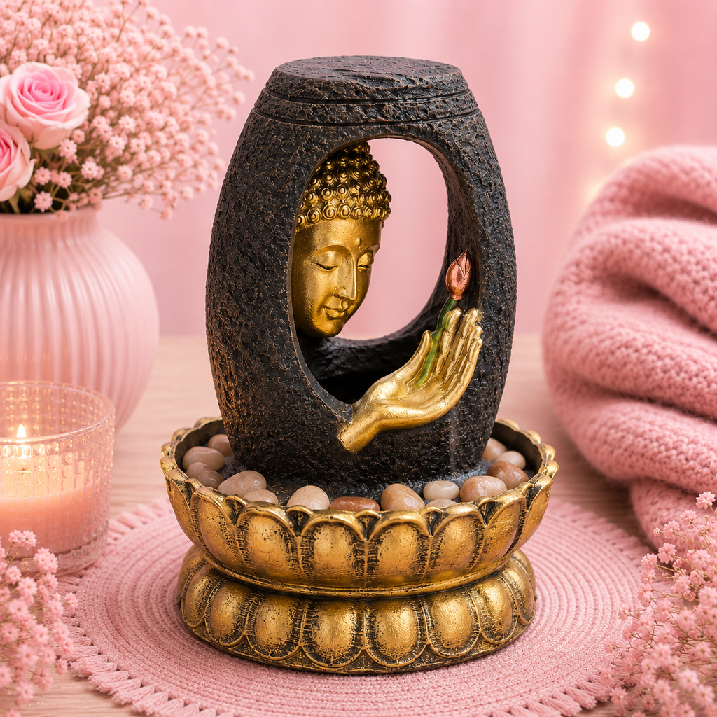 Fontaine de table Feng shui - Bouddha doré & vitarka mudra - 30 cm