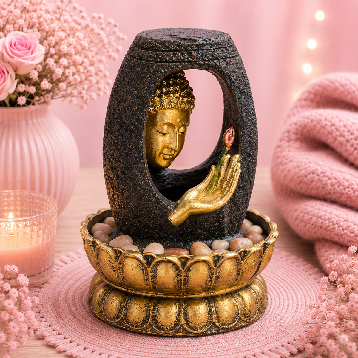 Fontaine de table Feng shui - Bouddha doré & vitarka mudra - 30 cm