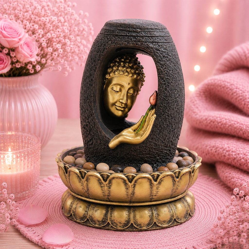 Fontaine de table Feng shui - Bouddha doré & vitarka mudra - 30 cm