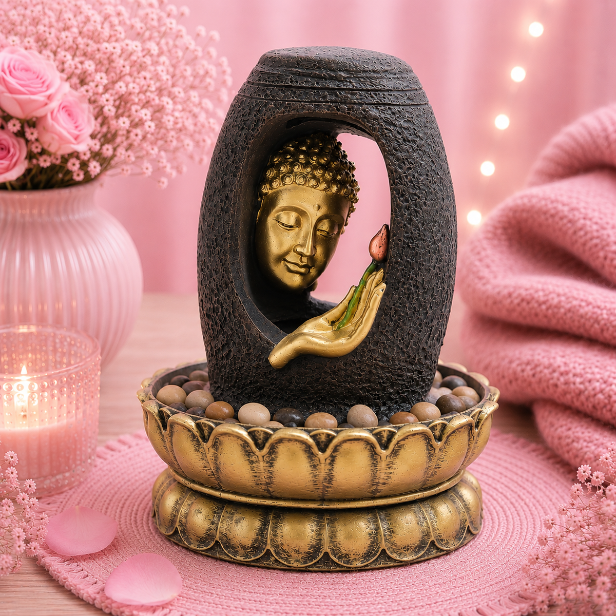 Fontaine de table Feng shui - Bouddha doré & vitarka mudra - 30 cm