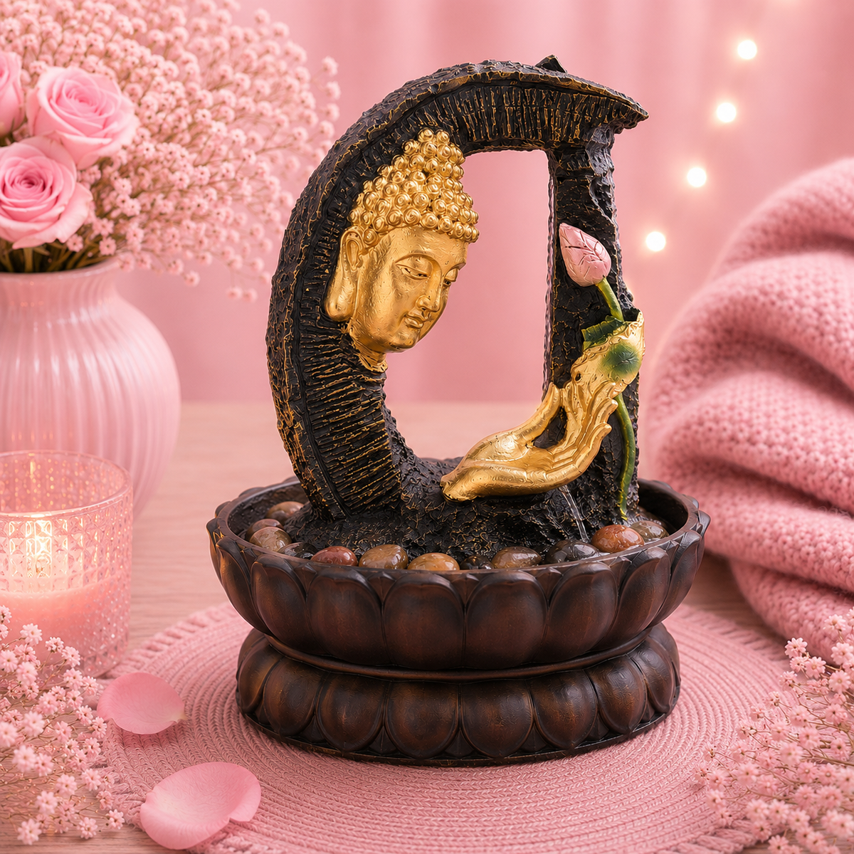 Fontaine de table Feng shui - Bouddha doré & lotus - 30 cm