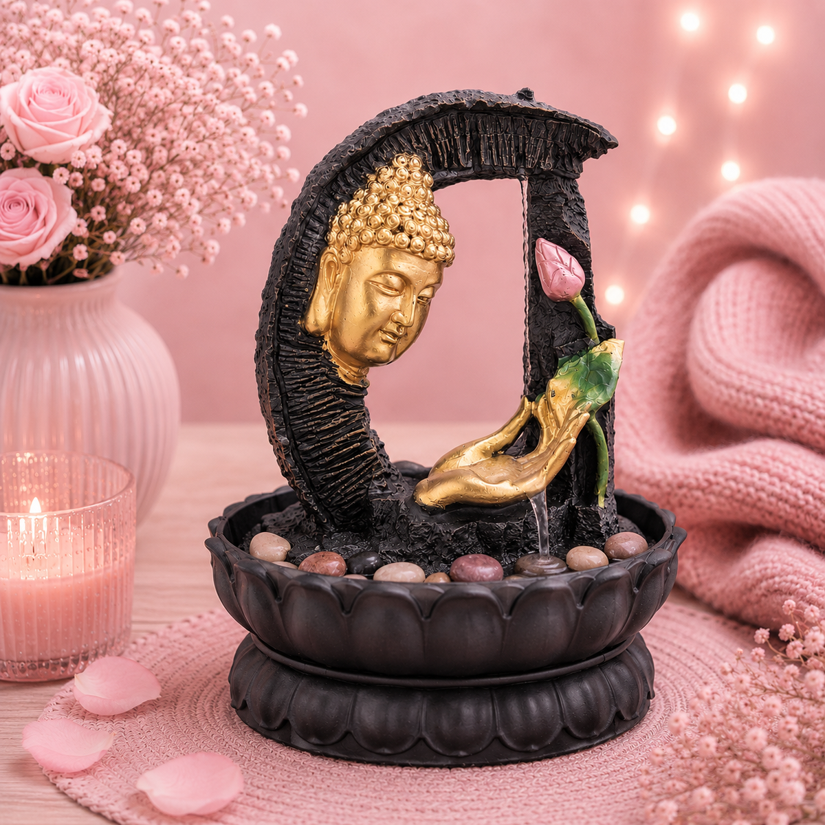 Fontaine de table Feng shui - Bouddha doré & lotus - 30 cm
