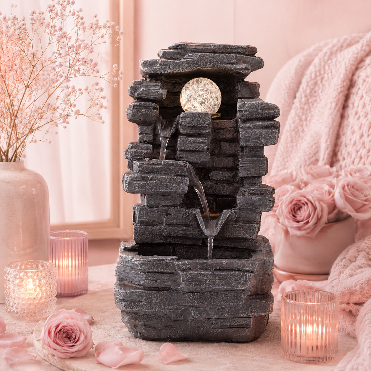 Fontaine de table Feng shui - Formation de roches & boule de cristal - 35 cm