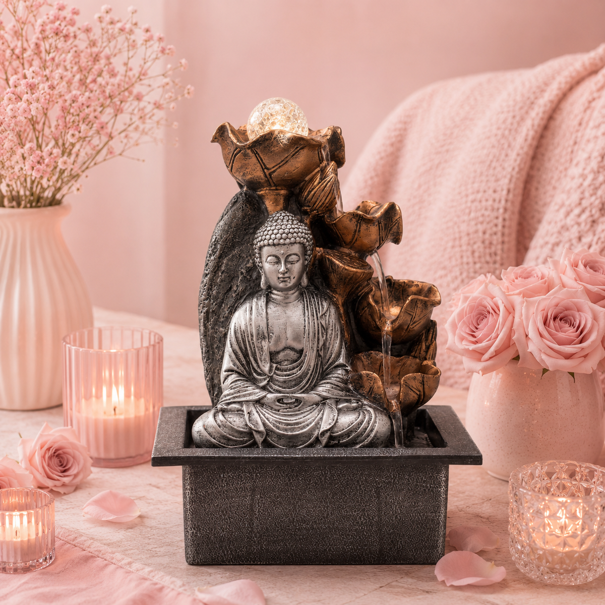 Fontaine de table Feng shui - Cascade Bouddha argenté & boule de cristal - 35 cm