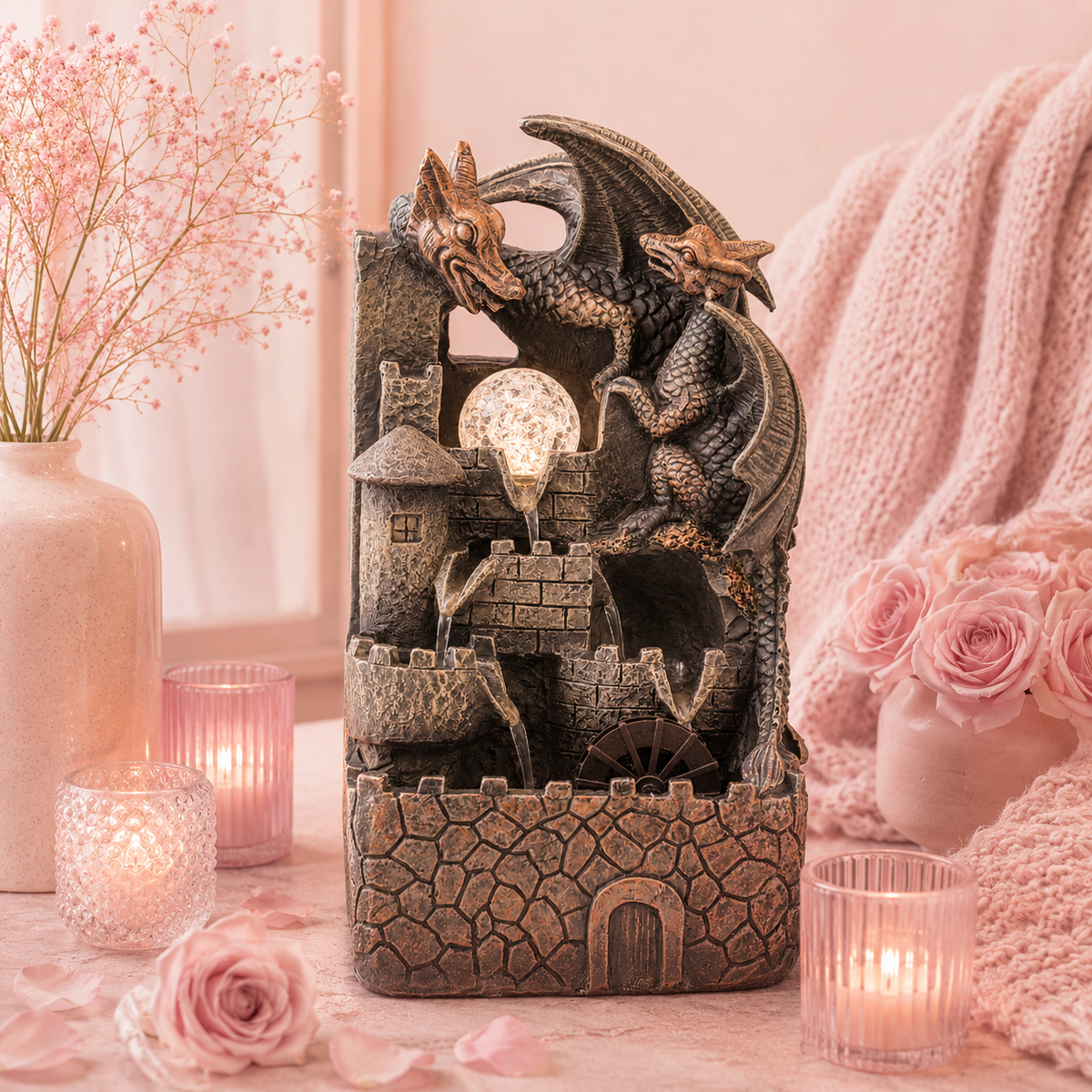 Fontaine de table Feng shui - Dragons, boule de cristal & roue à eau - 35 cm
