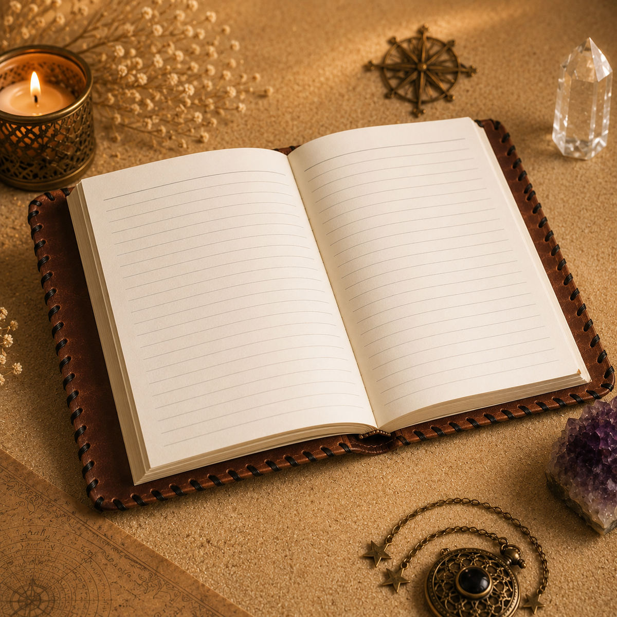 Carnet en cuir avec pierres (plusieurs modèles) - Feuilles avec lignes