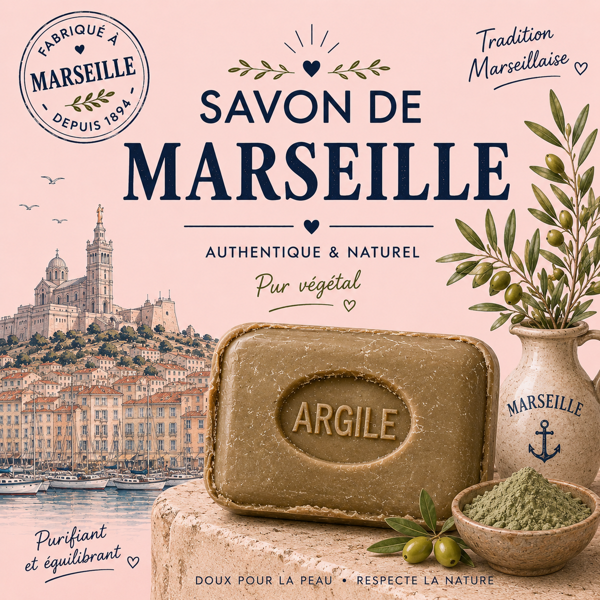 Savon parfumé Marseille à l'ARGILE VERTE - 100 g