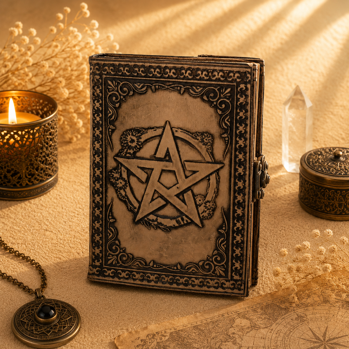 Pentacle - Carnet ésotérique - Gris antique - 200 pages - Bordure brodée