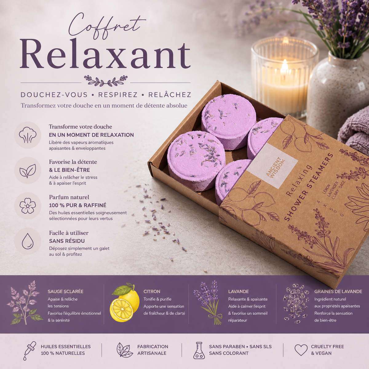 Coffret de galets de douche vapeur zen - Relaxant (Violet))