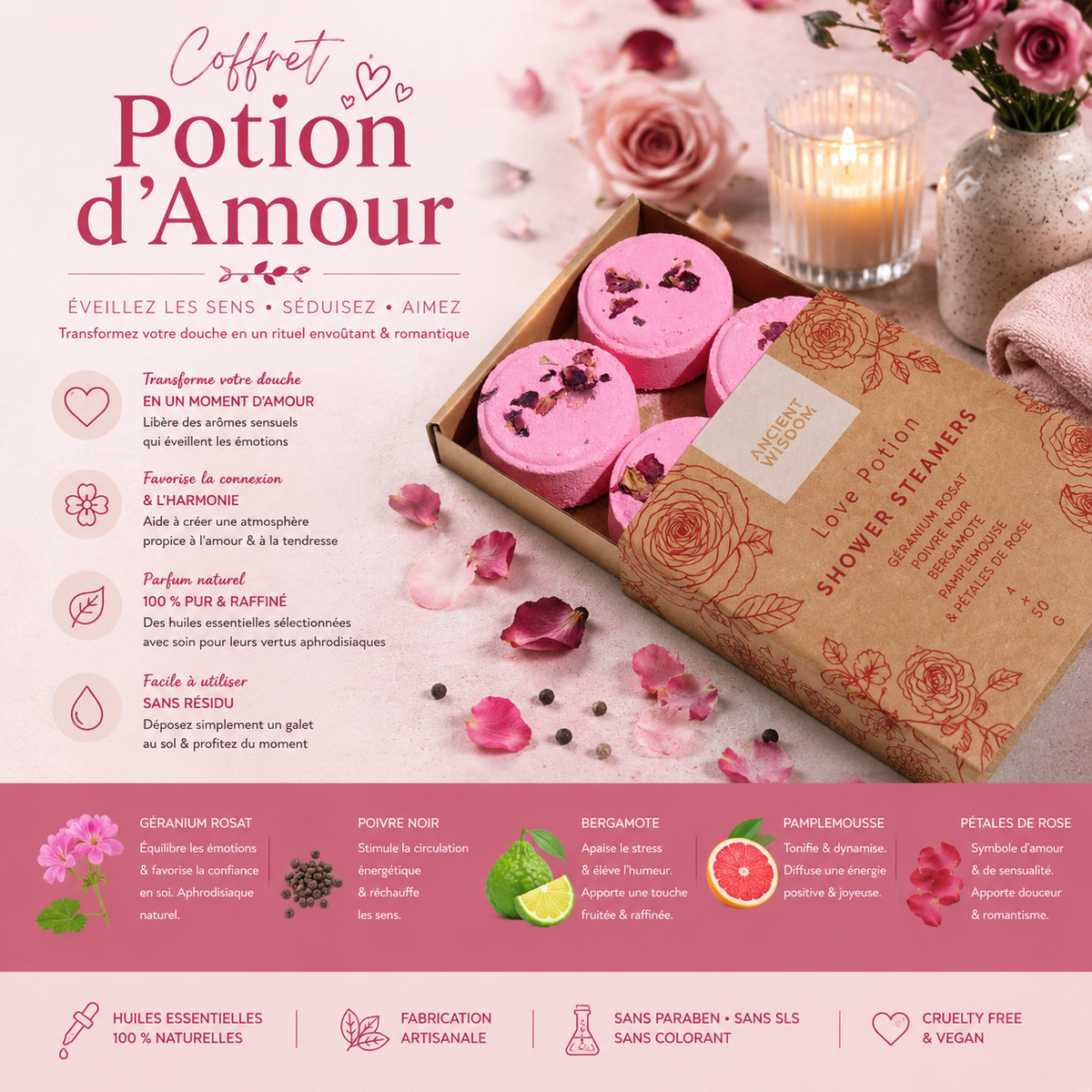 Coffret de galets de douche vapeur zen - Potion d'amour (Rouge rosé)