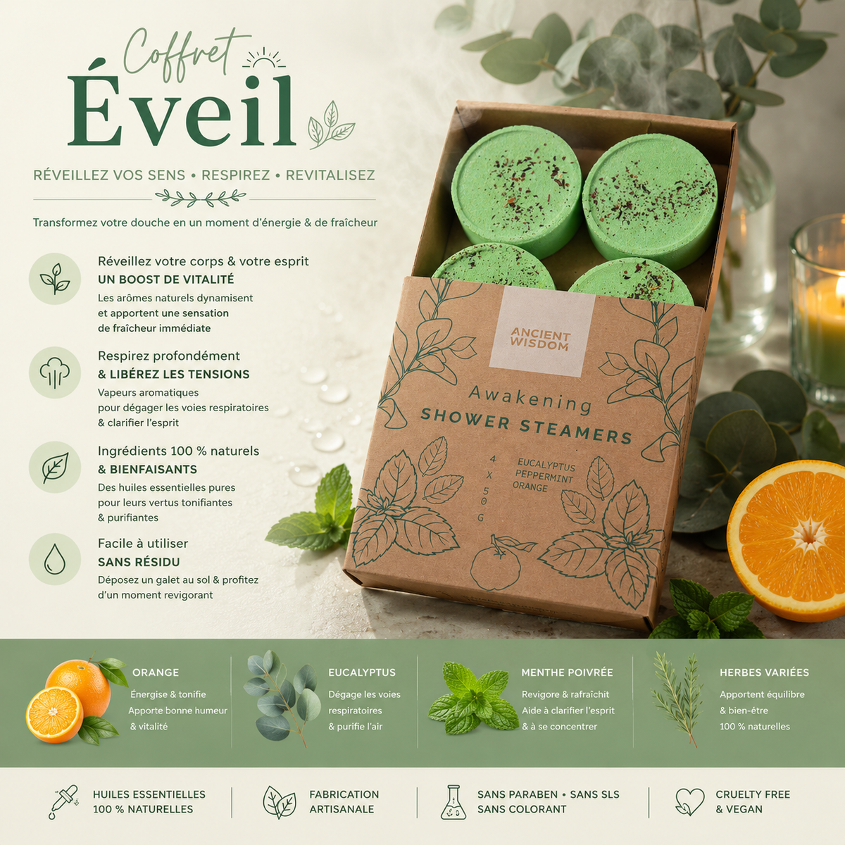 Coffret de galets de douche vapeur zen - Éveil (Vert)