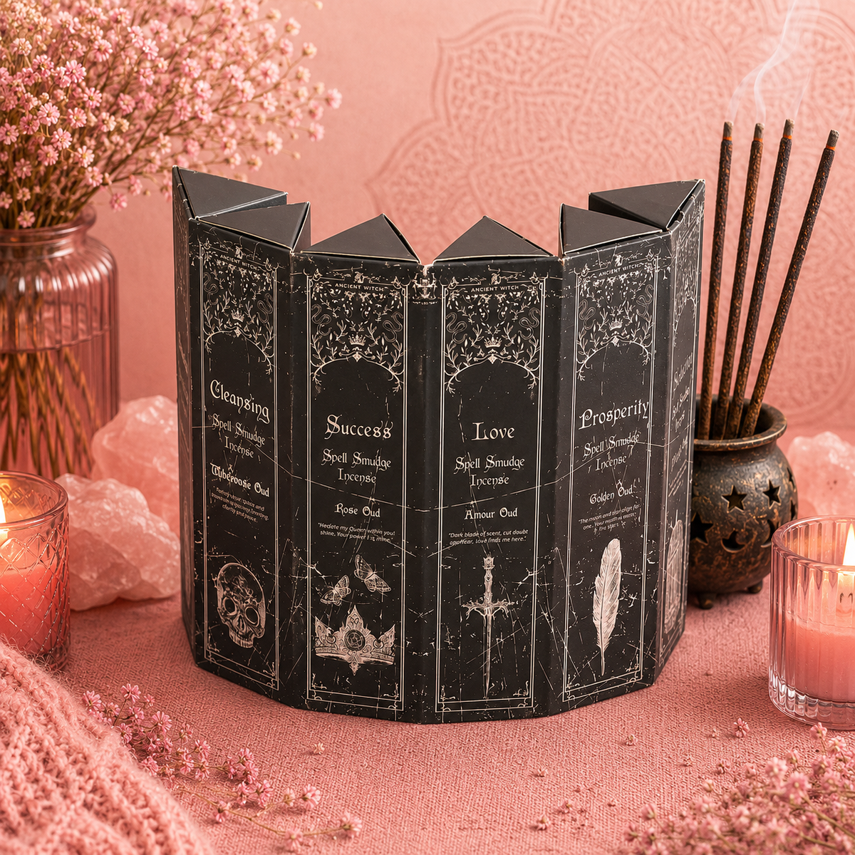 Coffret d'encens en forme de pyramide - Lot de 5 parfums et sorts de sorcière anciens