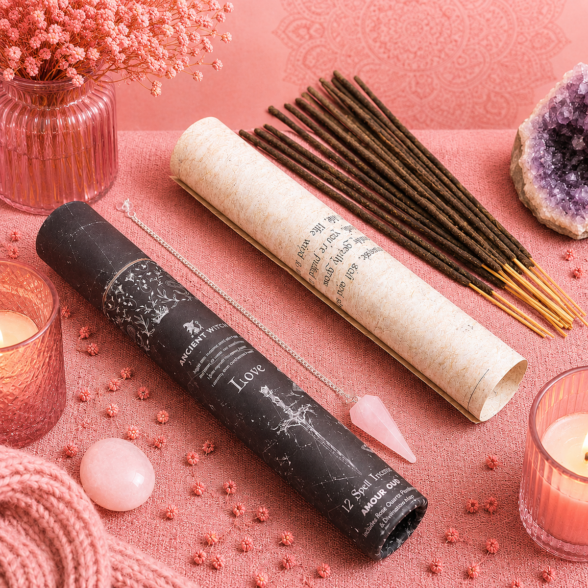Encens de sort de sorcière ancien - Amour - Pendule en quartz rose