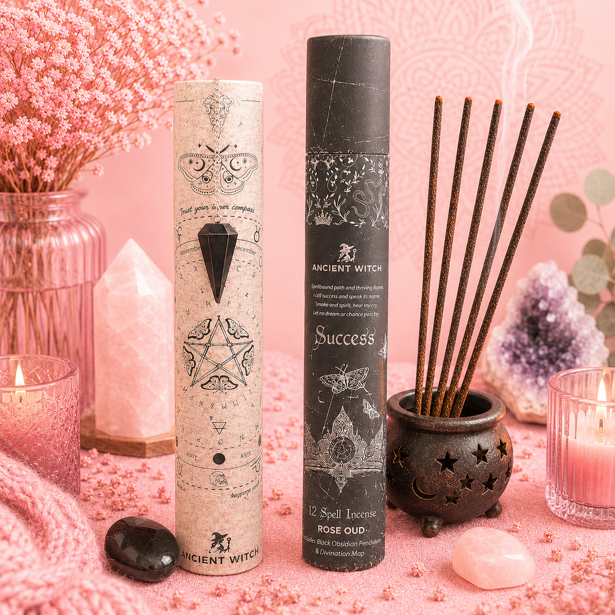 Encens de sort de sorcière ancien - Succès - Pendule en obsidienne noire