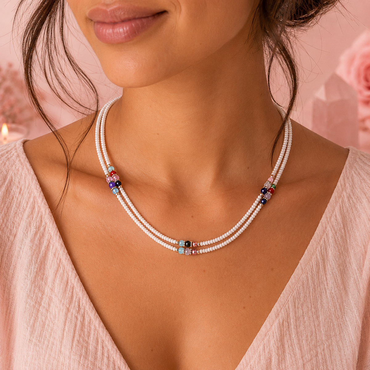 Collier double népalais fin - Howlite & perles facettées