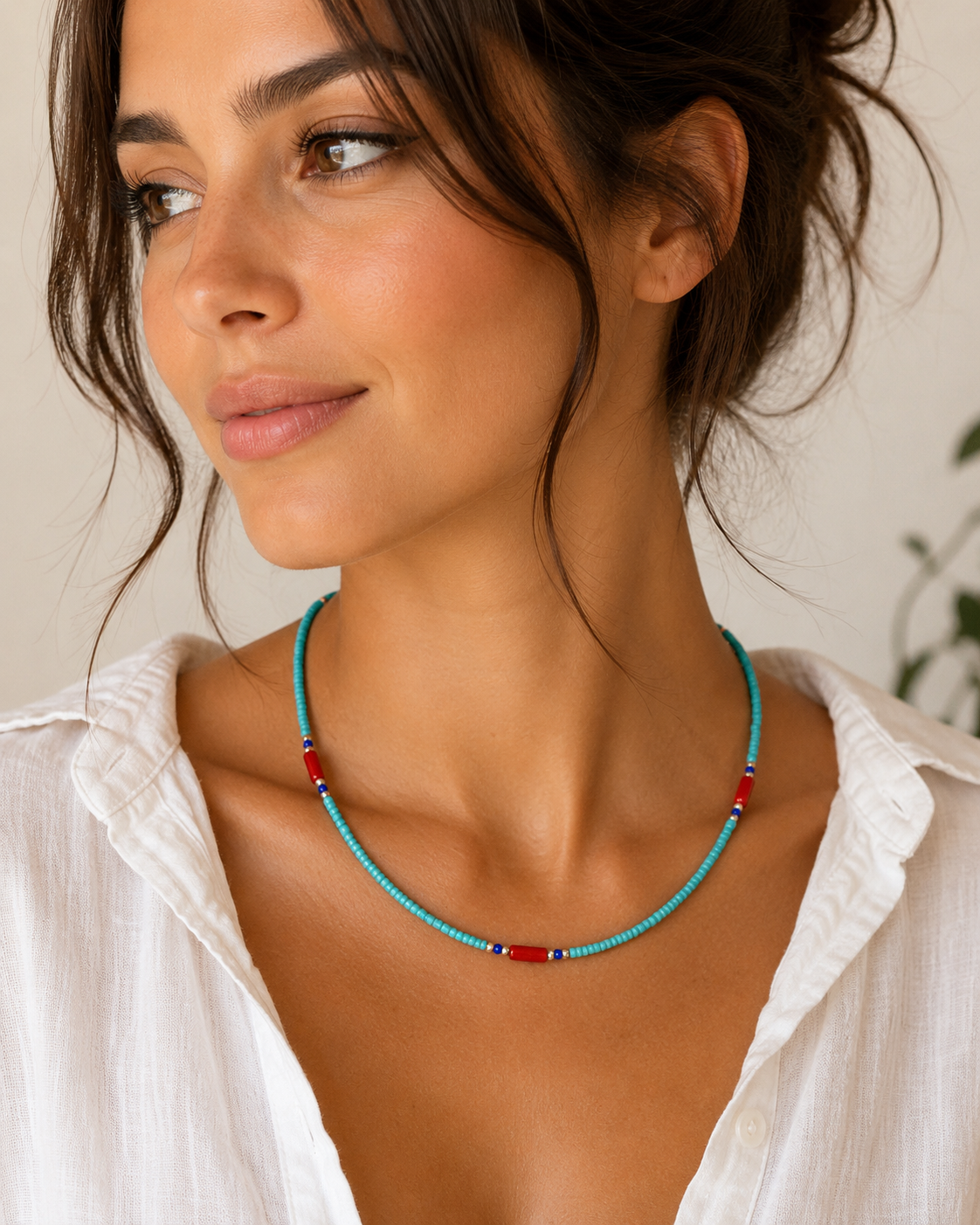 Collier népalais fin - Turquoise & coralite (42 cm)
