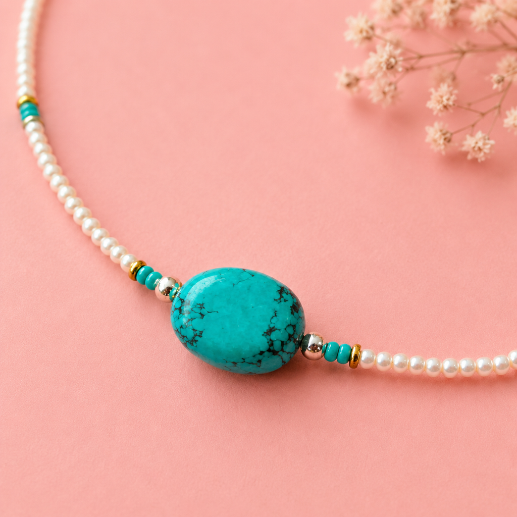 Collier népalais fin - Perles howlite & turquoise (42 cm)