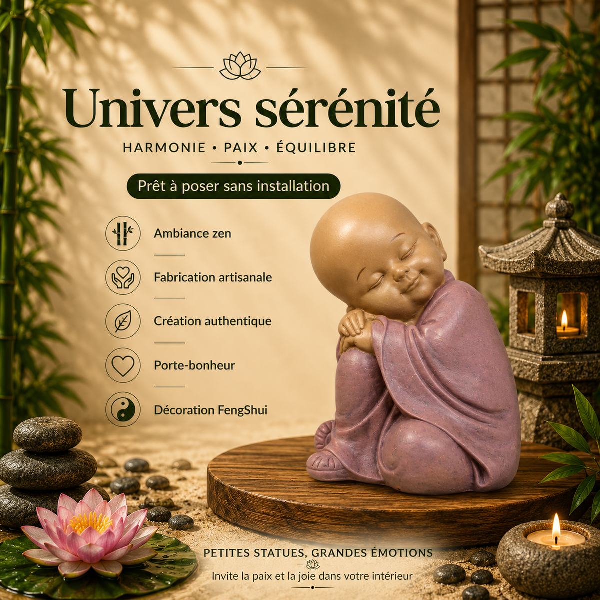 Statuette Bouddha bébé rose en réflexion (11x10x12,3 cm)
