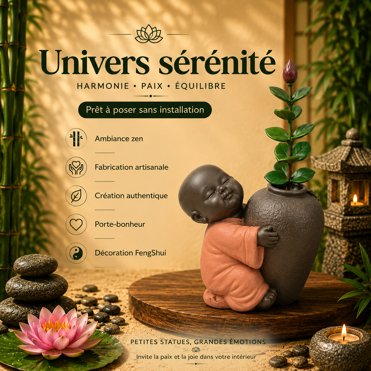 Petit Moine en Résine avec vase - Version rose – Tendresse & Décoration Zen