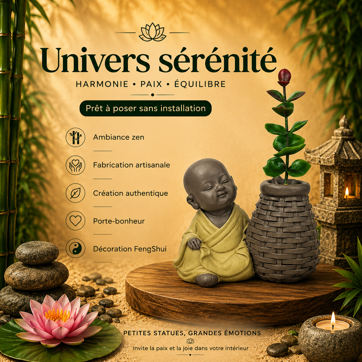 Petit Moine zen en Résine – Vase rotin