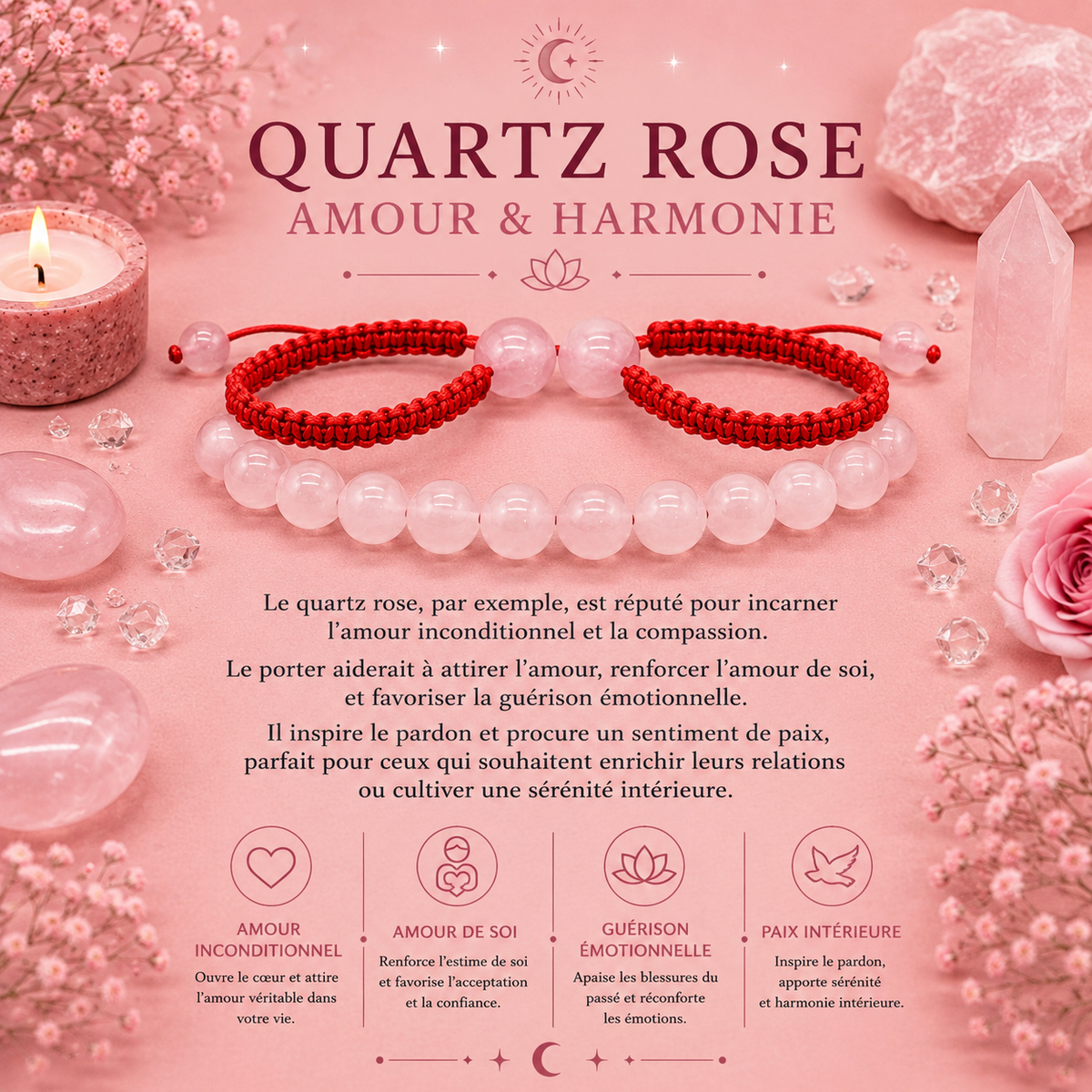Bracelets double puissance avec pierres précieuses - Quartz rose