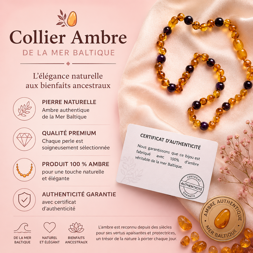 Collier bébé avec Ambre et Améthyste, fermoir clip, longueur 32-33 cm