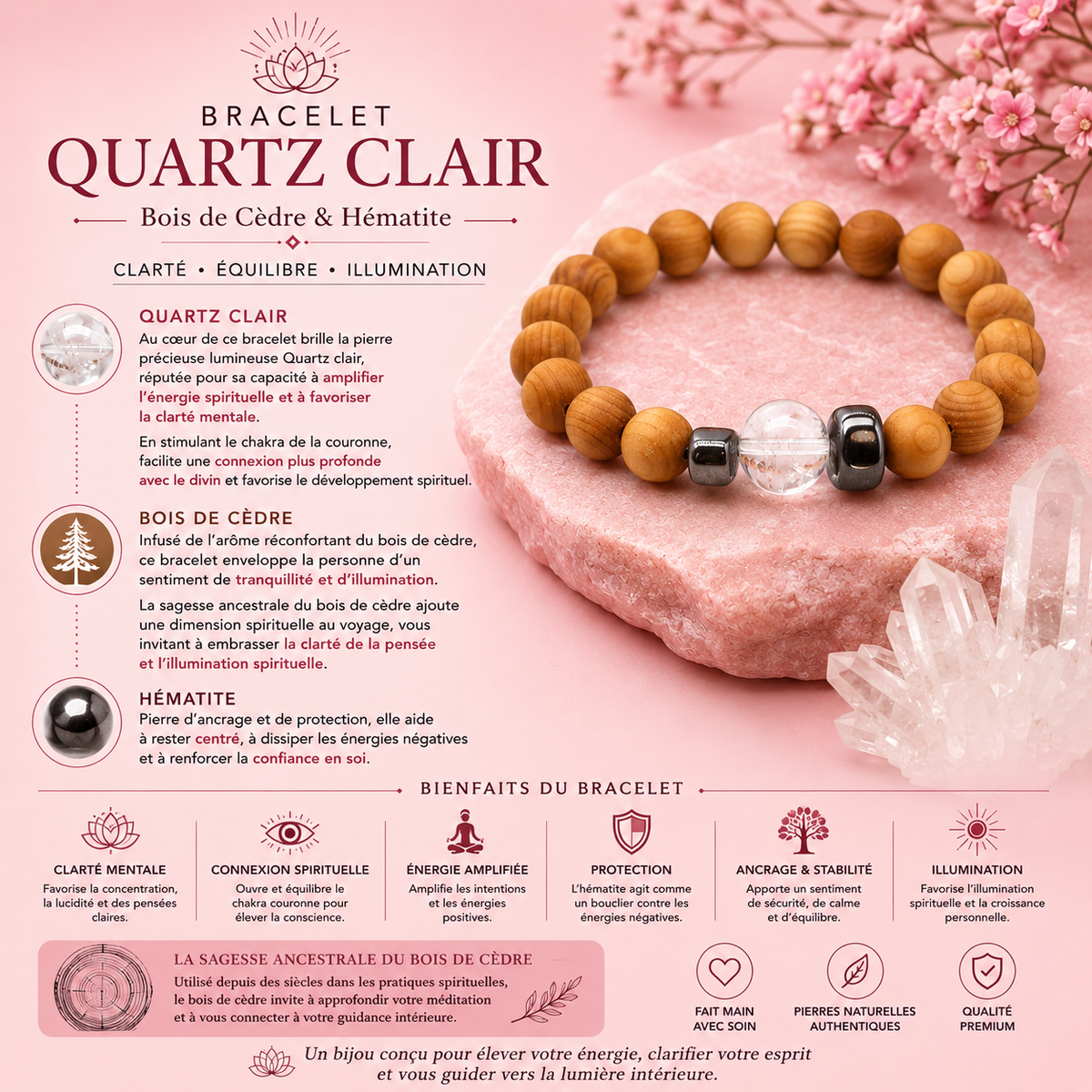 Bracelet en Bois de cèdre et Quartz clair pour homme