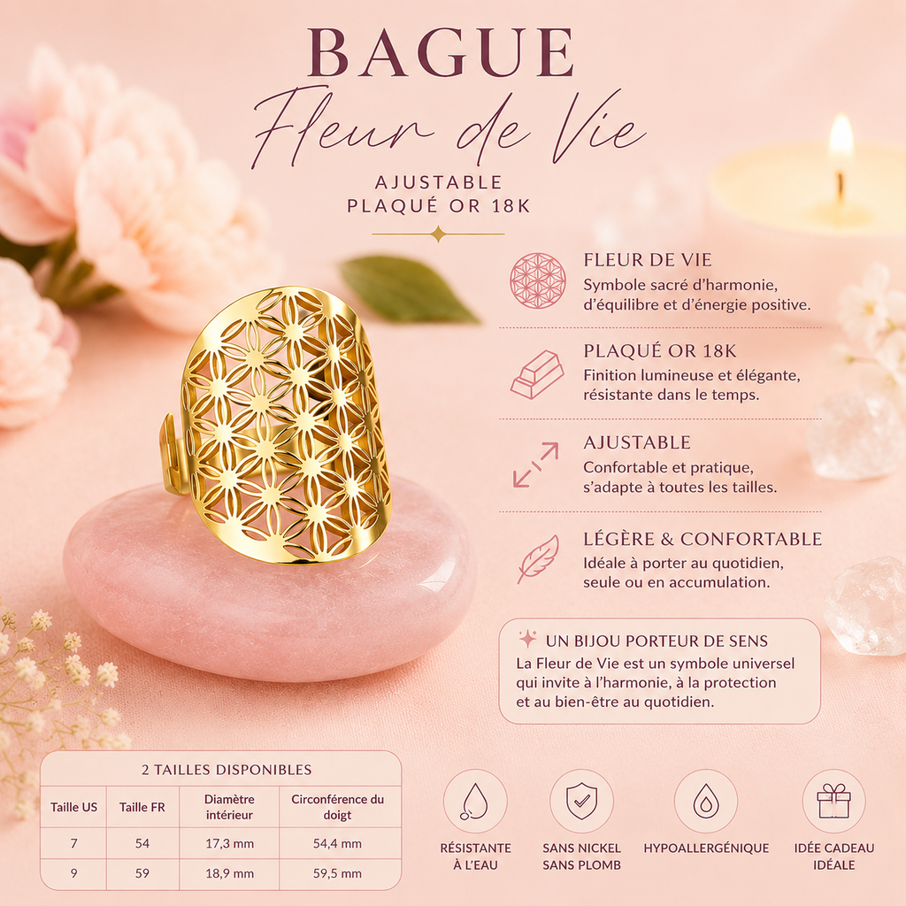 Bague Fleur de vie ajustable - Plaqué or 18K