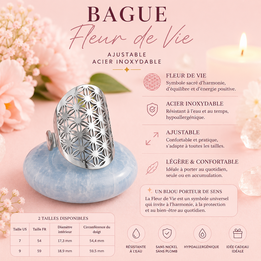 Bague Fleur de vie ajustable - Acier inoxydable