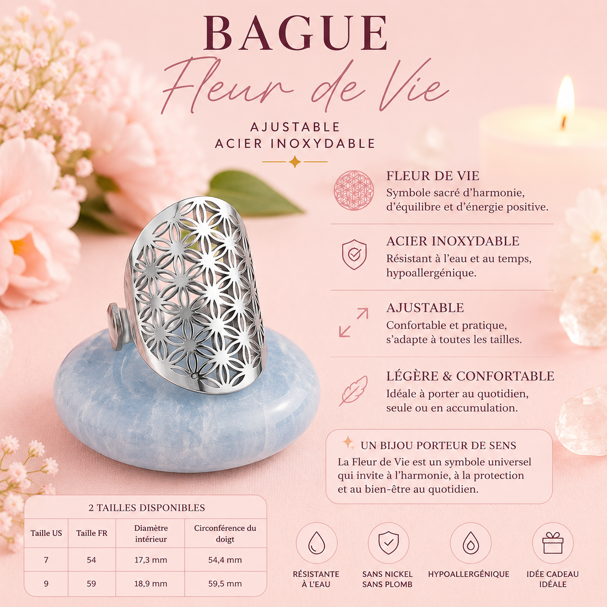 Bague Fleur de vie ajustable - Acier inoxydable