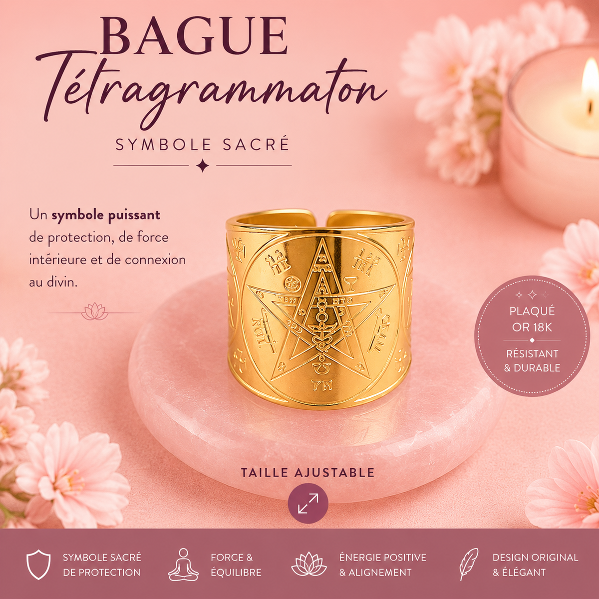 Bague Tetragrammaton ajustable - Plaqué or 18K