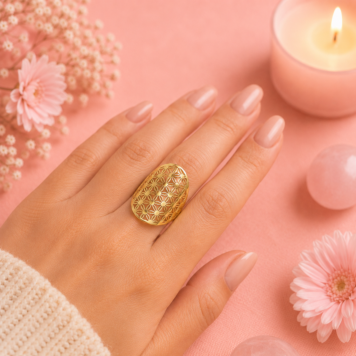 Bague Fleur de vie ajustable - Plaqué or 18K