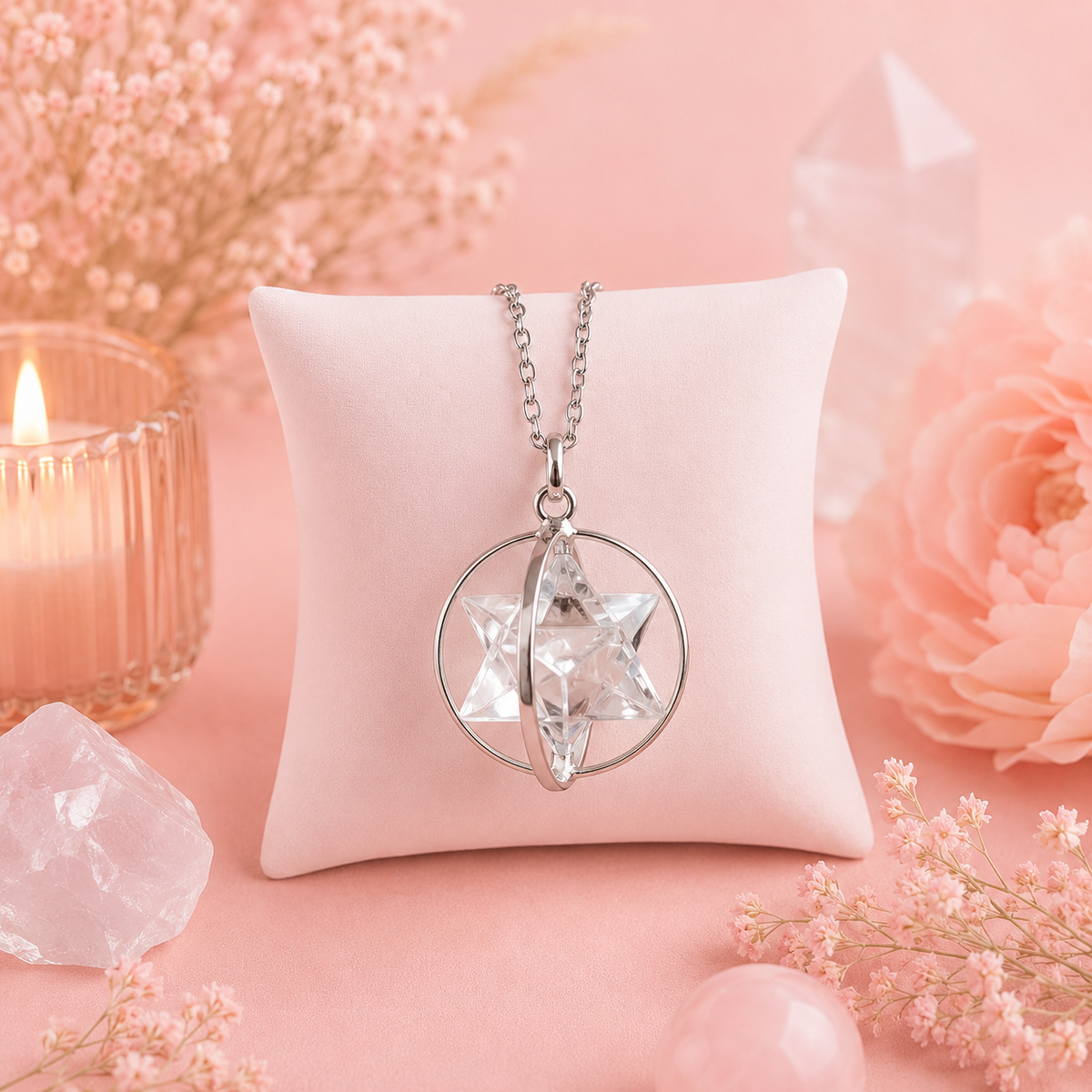 Pendentif Merkaba en cristal de roche avec sphère en métal