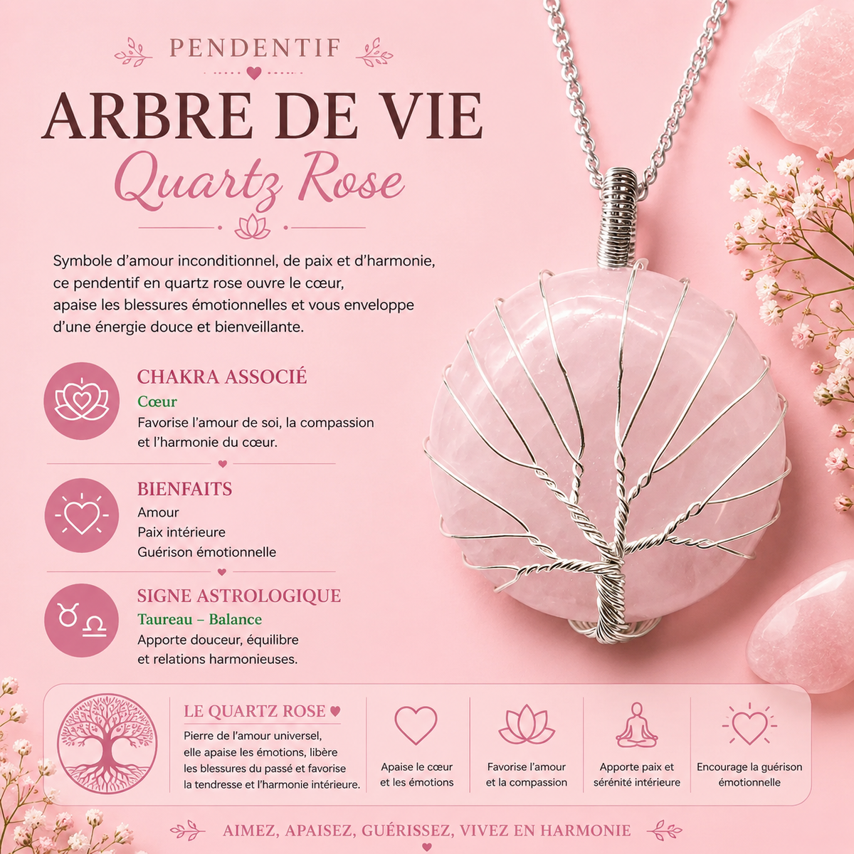 Collier Arbre de vie – Quartz rose