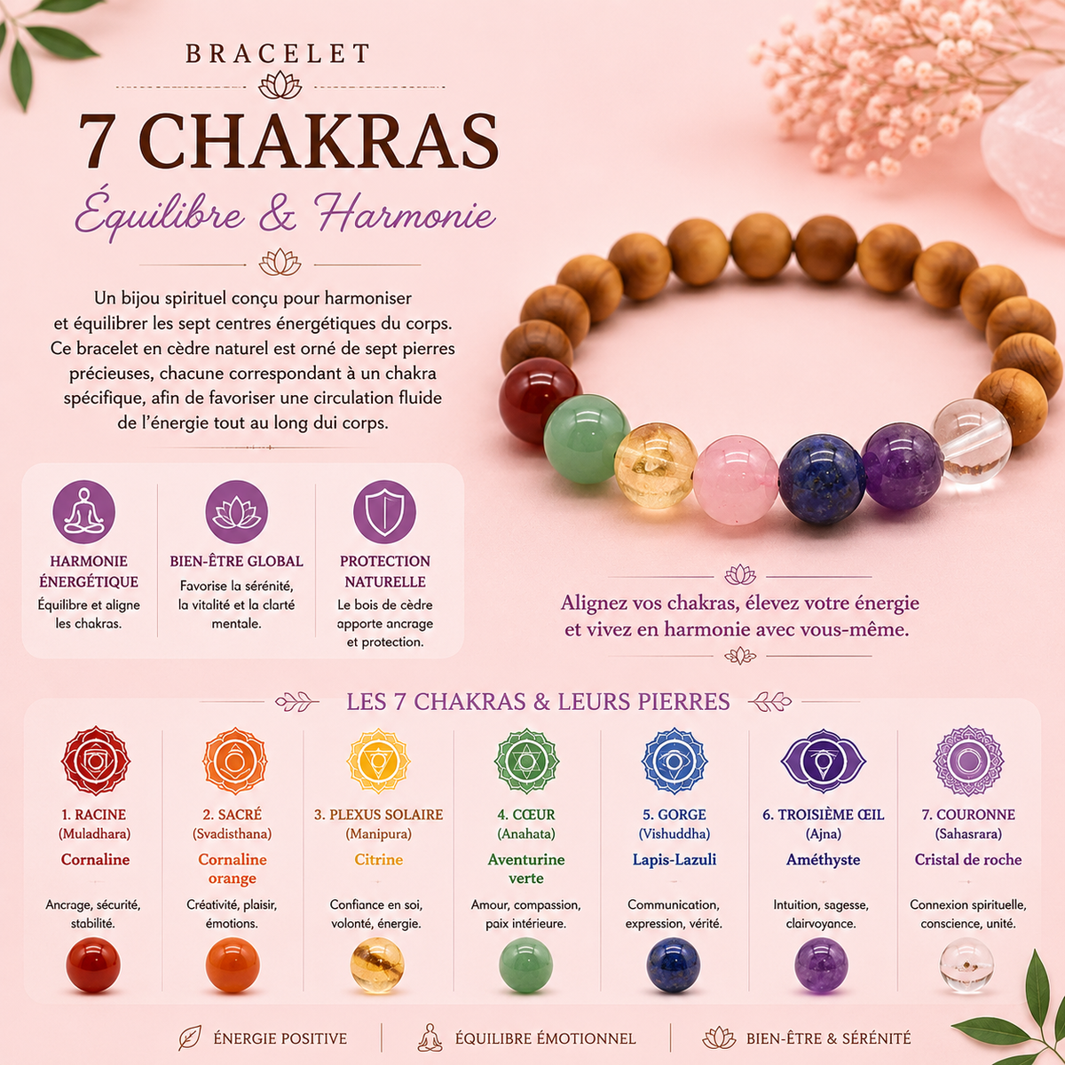 Bracelet d'harmonisation des 7 chakras en Bois de cèdre pour homme
