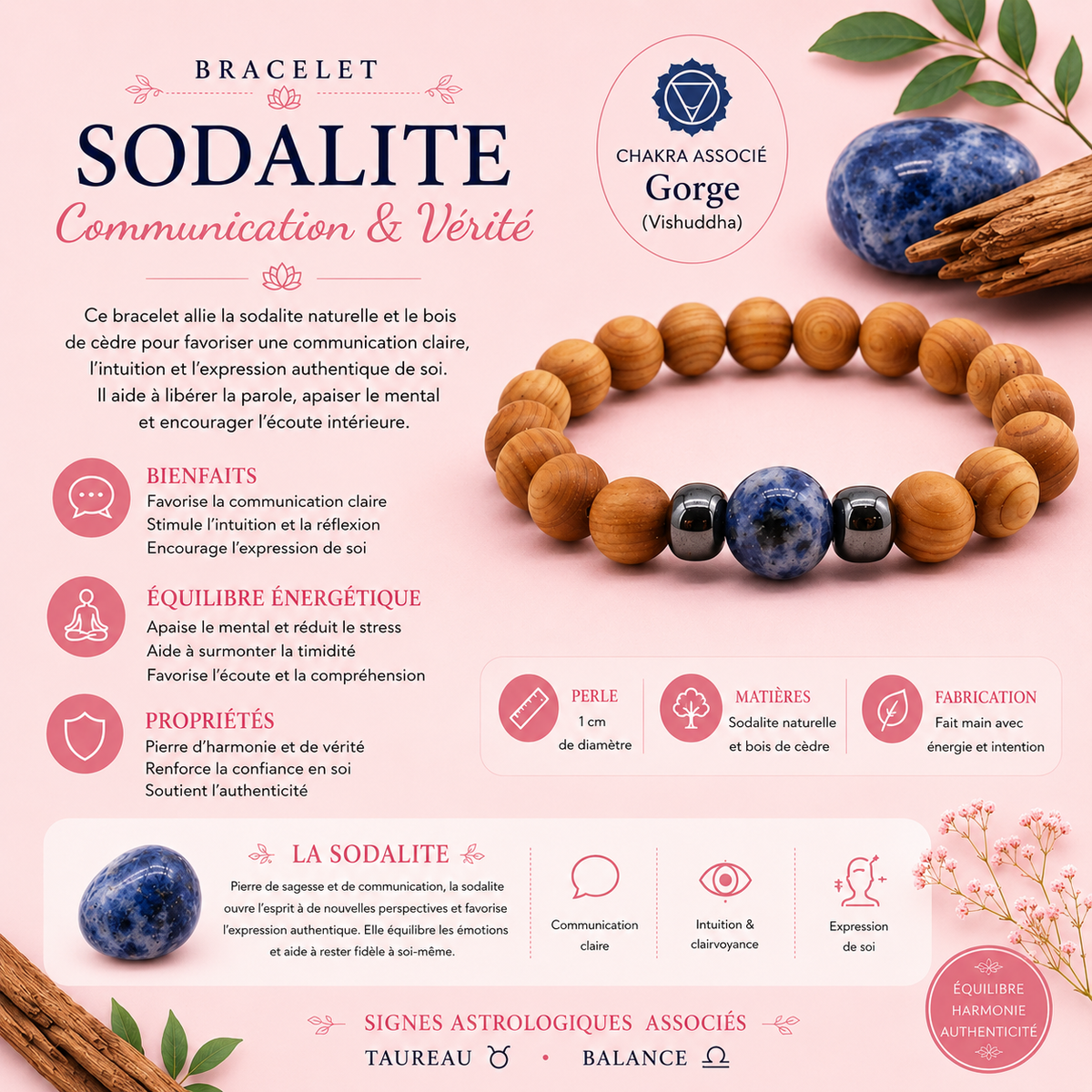 Bracelet en Bois de cèdre et Sodalite pour homme