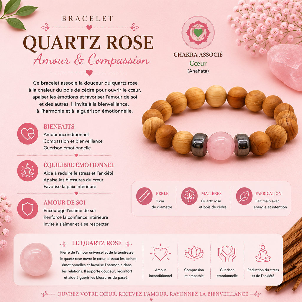 Bracelet en Bois de cèdre et Quartz rose pour homme