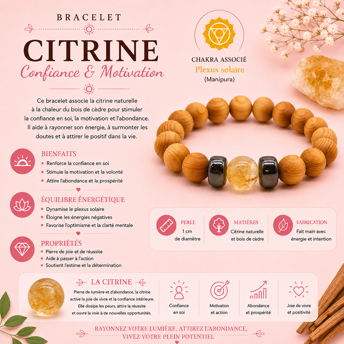 Bracelet en Bois de cèdre et Citrine pour homme