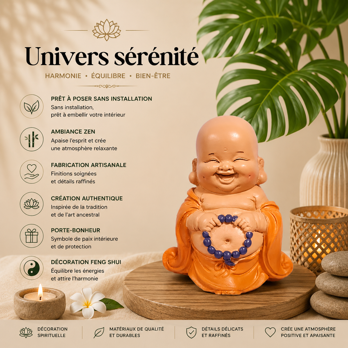 Bouddha rieur toge orange - Porte-bonheur (9x5,5x10 cm)
