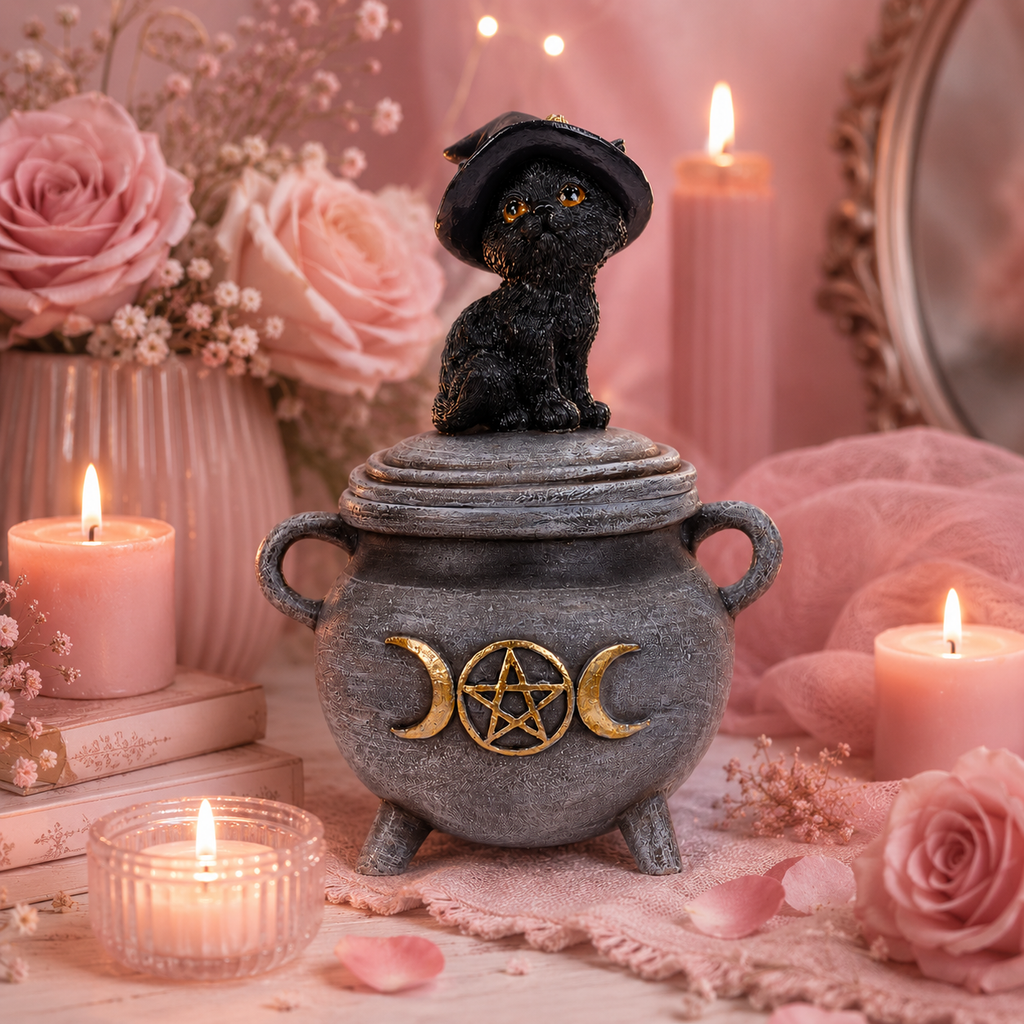 Chat noir sur boîte de chaudron