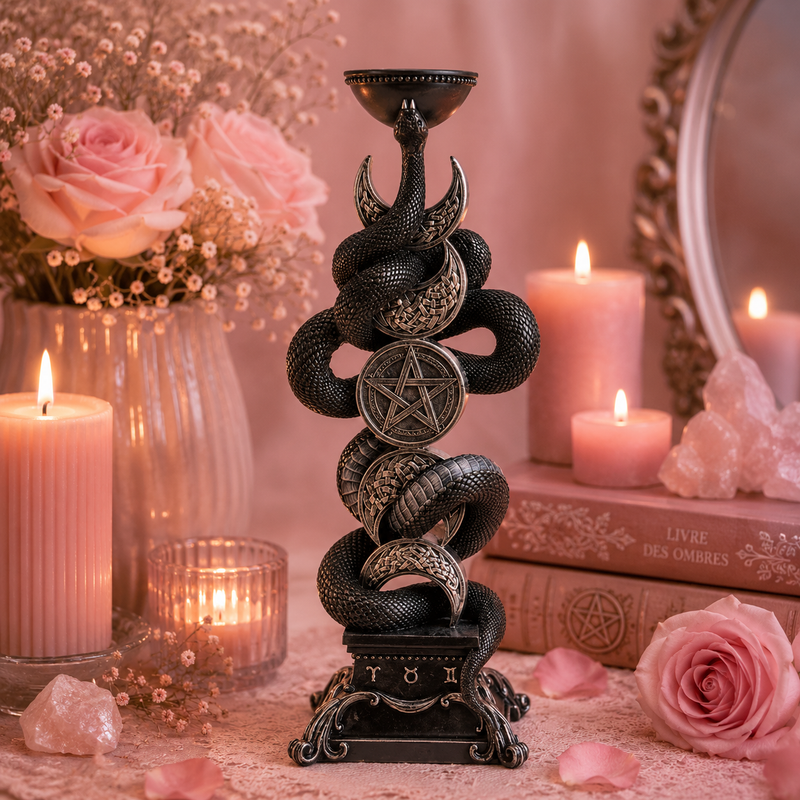 Bougeoir triple lune avec serpent noir (20,7x13,8x49,5 cm)