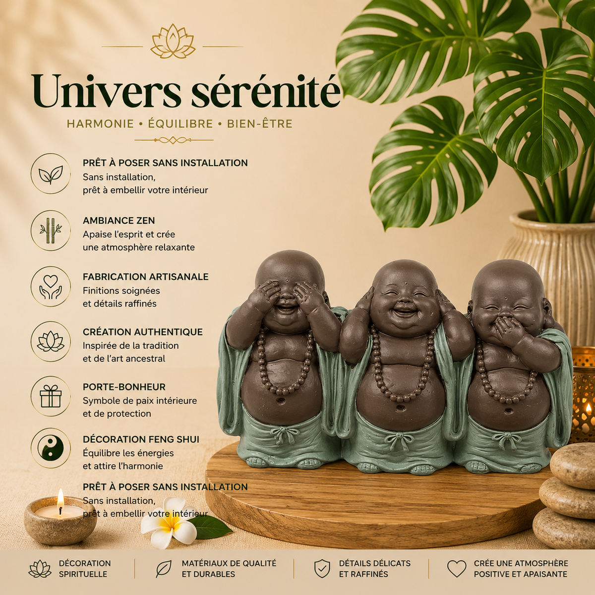 Statuette 3 Bonzes sagesse - "Ne rien voir, ne rien dire, ne rien entendre" (15,5x5x9 cm)