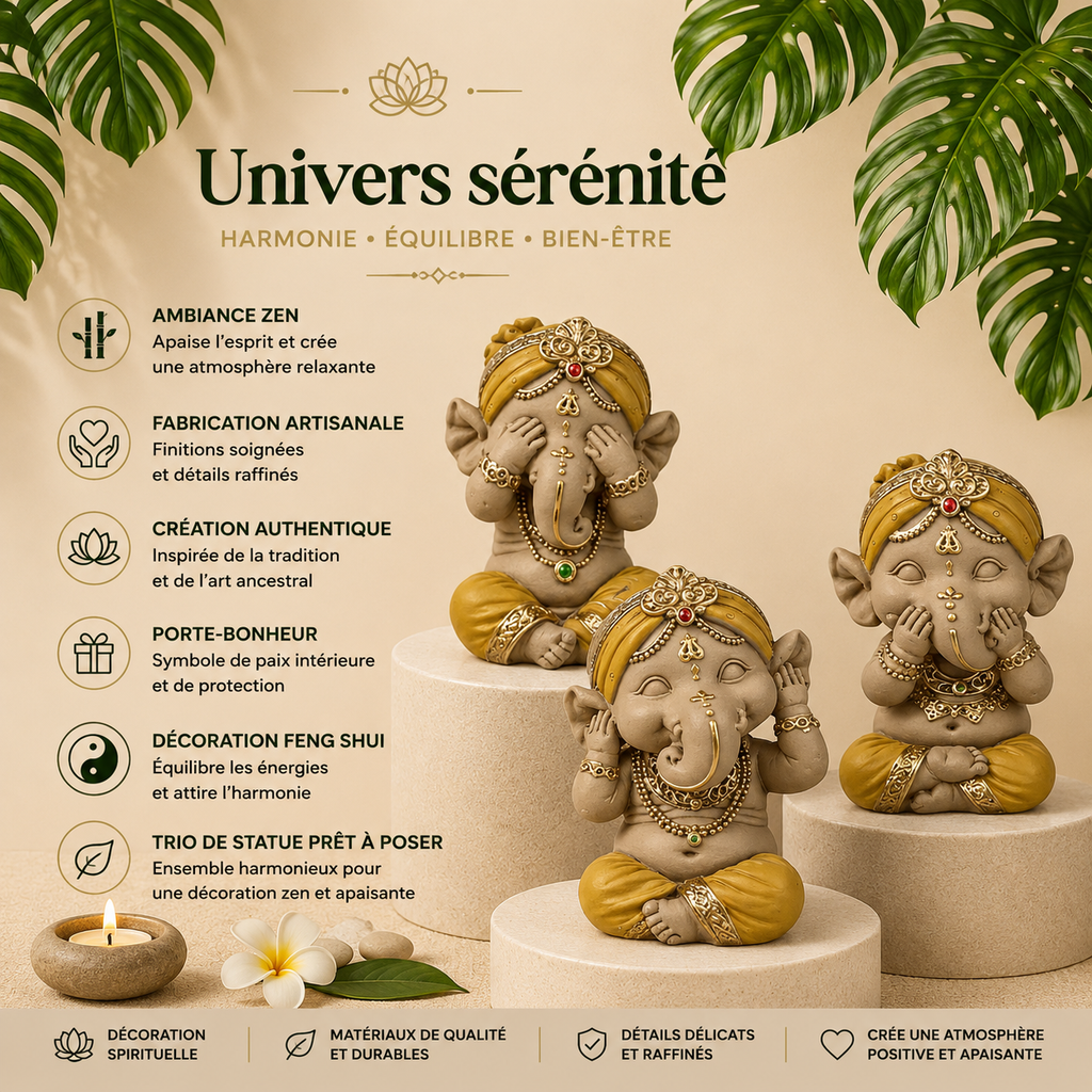 Trio de statuettes de Ganesh mythiques (7,5x6,5x9 cm)